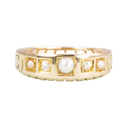 victorian 15ct gold pearl diamond 5 stone mourning ring - CATEGORY: ANTIQUE JEWELLERY - DATED VICTORIAN