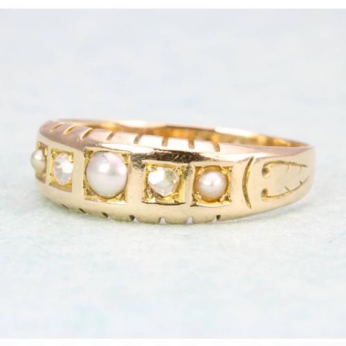 VICTORIAN 15CT GOLD PEARL DIAMOND 5 STONE MOURNING RING - ADDITIONAL PHOTO 2
