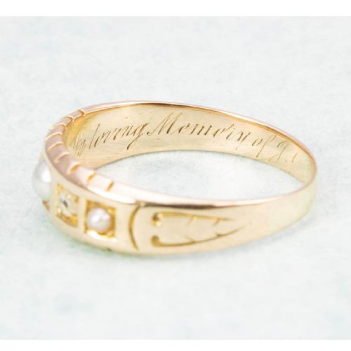 VICTORIAN 15CT GOLD PEARL DIAMOND 5 STONE MOURNING RING - ADDITIONAL PHOTO 4