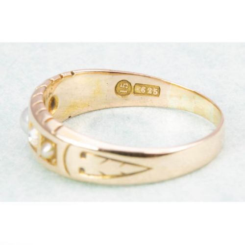 VICTORIAN 15CT GOLD PEARL DIAMOND 5 STONE MOURNING RING - ADDITIONAL PHOTO 5
