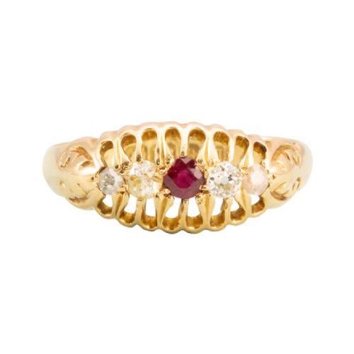 antique 18ct gold ruby diamond 5 stone ring - CATEGORY: ANTIQUE JEWELLERY - DATED 1910