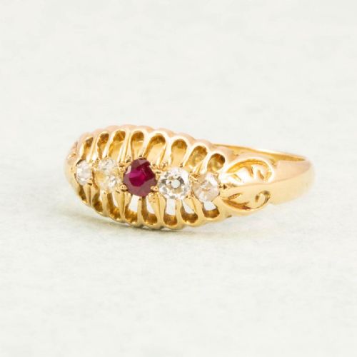 ANTIQUE 18CT GOLD RUBY DIAMOND 5 STONE RING - ADDITIONAL PHOTO 1