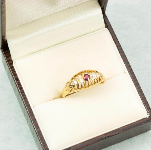 ANTIQUE 18CT GOLD RUBY DIAMOND 5 STONE RING - ADDITIONAL PHOTO 7