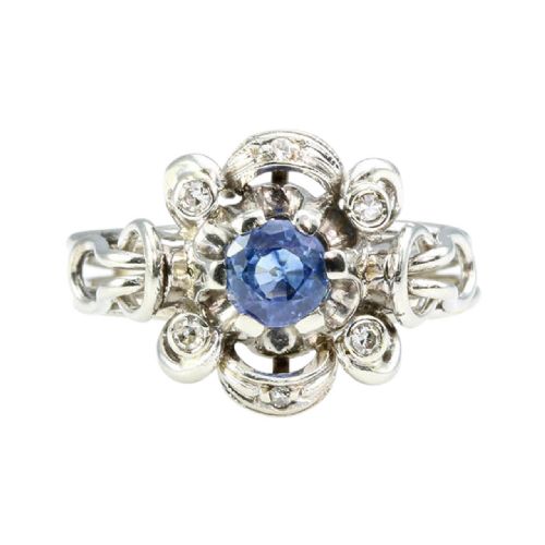 vintage italian 18ct gold sapphire diamond cluster ring - CATEGORY: ANTIQUE JEWELLERY - DATED 1950
