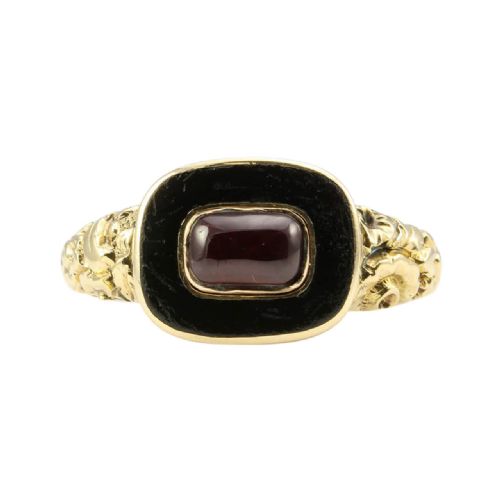 georgian 15ct gold garnet enamel mourning ring - CATEGORY: ANTIQUE JEWELLERY - DATED REGENCY