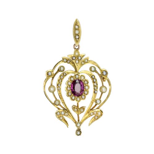 edwardian belle poque 9ct gold garnet pearl pendant - CATEGORY: ANTIQUE JEWELLERY - DATED EDWARDIAN