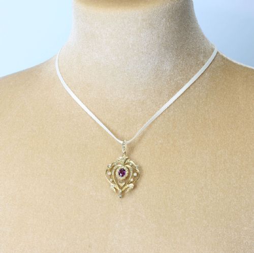 EDWARDIAN BELLE POQUE 9CT GOLD GARNET PEARL PENDANT - ADDITIONAL PHOTO 2