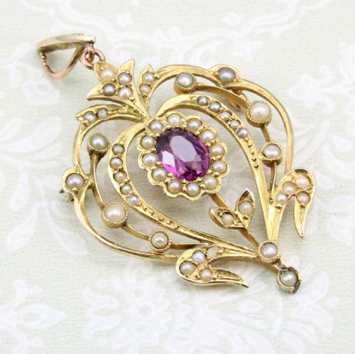 EDWARDIAN BELLE POQUE 9CT GOLD GARNET PEARL PENDANT - ADDITIONAL PHOTO 3