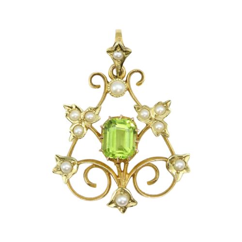 belle poque 15ct gold peridot pearl pendant - CATEGORY: ANTIQUE JEWELLERY - DATED EDWARDIAN