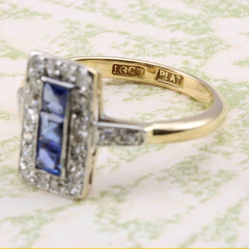 ART DECO 18CT GOLD PLATINUM SAPPHIRE DIAMOND RING - ADDITIONAL PHOTO 4
