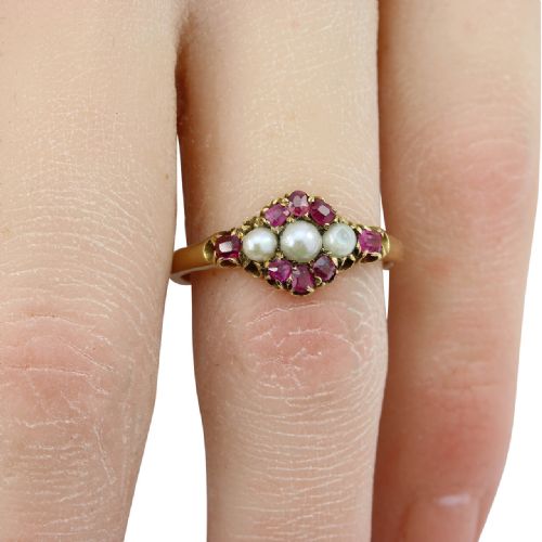 ANTIQUE 18CT GOLD RUBY PEARL DRESS RING - ADDITIONAL PHOTO 8