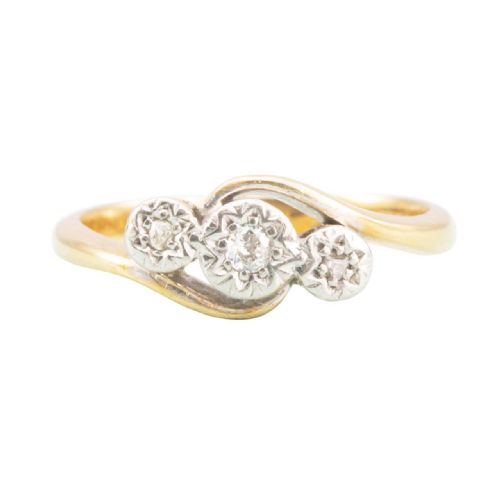 vintage 18ct gold twist design 3 stone diamond ring - CATEGORY: ANTIQUE JEWELLERY - DATED 1930