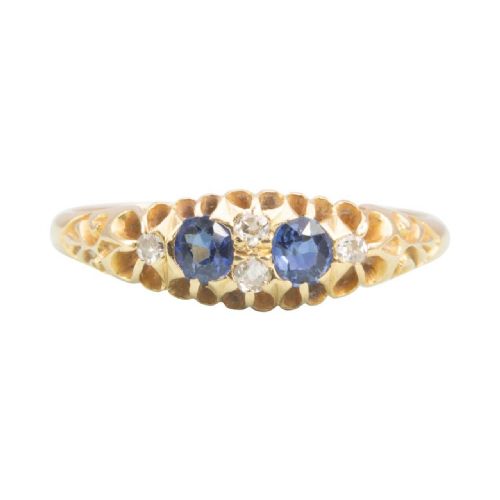 edwardian 18ct gold sapphire diamond boat shape ring - CATEGORY: ANTIQUE JEWELLERY - DATED EDWARDIAN