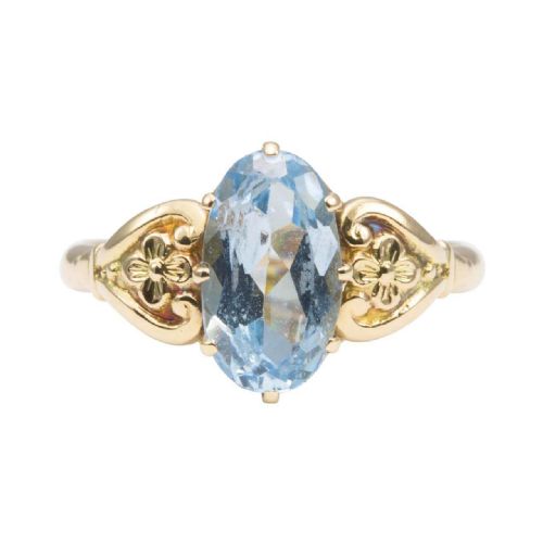 1950s 14ct gold blue topaz ring with floral shoulders - CATEGORY: ANTIQUE JEWELLERY - DATED 1950