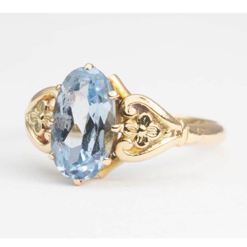 1950S 14CT GOLD BLUE TOPAZ RING WITH FLORAL SHOULDERS - ADDITIONAL PHOTO 1