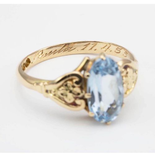 1950S 14CT GOLD BLUE TOPAZ RING WITH FLORAL SHOULDERS - ADDITIONAL PHOTO 4
