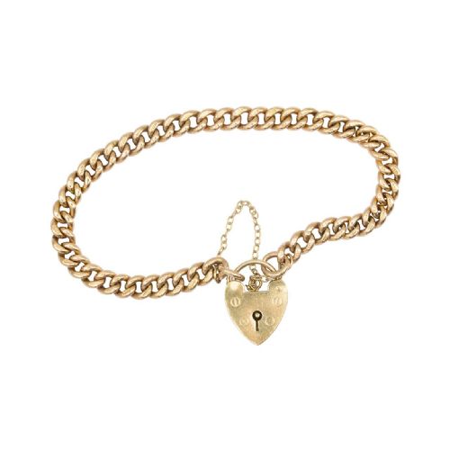 antique 9ct gold curb charm bracelet with heart padlock - CATEGORY: ANTIQUE JEWELLERY - DATED 1910