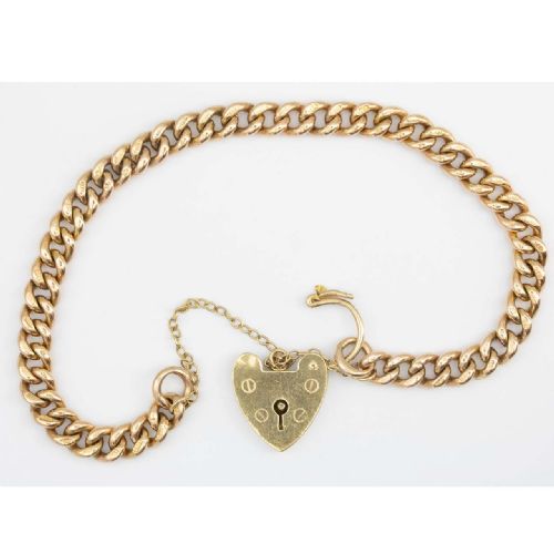 ANTIQUE 9CT GOLD CURB CHARM BRACELET WITH HEART PADLOCK - ADDITIONAL PHOTO 1