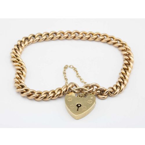 ANTIQUE 9CT GOLD CURB CHARM BRACELET WITH HEART PADLOCK - ADDITIONAL PHOTO 2
