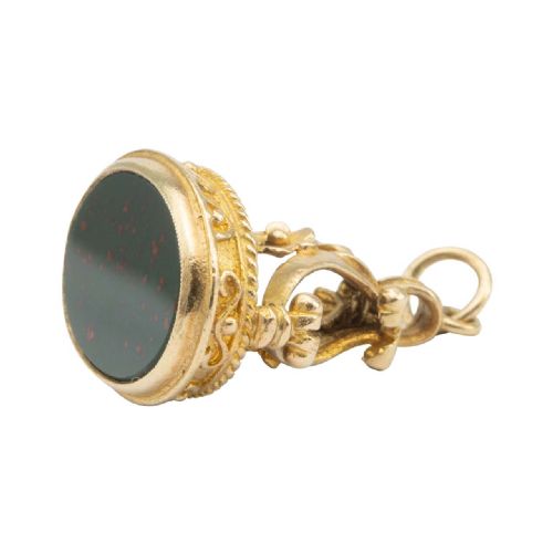 vintage 9ct gold bloodstone fob charm pendant - CATEGORY: ANTIQUE JEWELLERY - DATED 1960