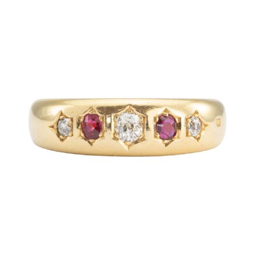 victorian 18ct ruby diamond 5 stone gypsy ring - CATEGORY: ANTIQUE JEWELLERY - DATED VICTORIAN
