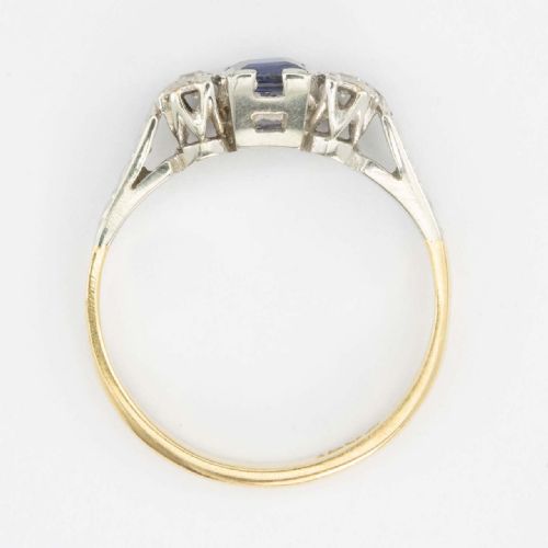 VINTAGE 18CT GOLD SQUARE SAPPHIRE DIAMOND 3 STONE RING SMALL SIZE - ADDITIONAL PHOTO 4