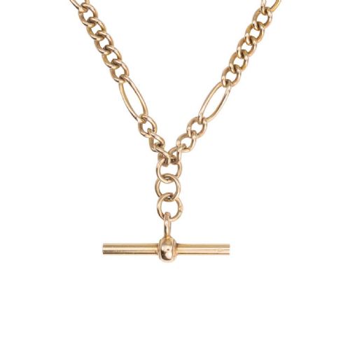vintage 9ct rose gold 185 figaro chain necklace with tbar and dog clip 97 grams - CATEGORY: ANTIQUE JEWELLERY - DATED 1930
