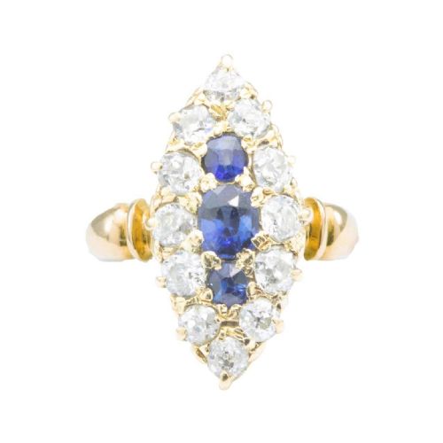 antique edwardian 18ct gold old cut sapphire diamond marquise ring - CATEGORY: ANTIQUE JEWELLERY - DATED EDWARDIAN