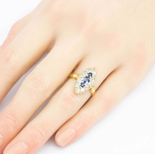 ANTIQUE EDWARDIAN 18CT GOLD OLD CUT SAPPHIRE DIAMOND MARQUISE RING - ADDITIONAL PHOTO 1