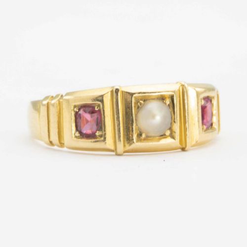 ANTIQUE VICTORIAN 18CT GOLD PEARL AND RUBY GYPSY RING HALLMARKED 1894 - ADDITIONAL PHOTO 4