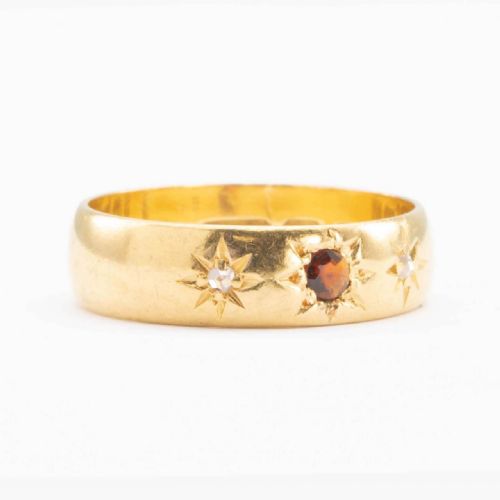 VICTORIAN 22CT GOLD GARNET AND DIAMOND GYPSY WEDDING RING HALLMARKED 1899 - ADDITIONAL PHOTO 1