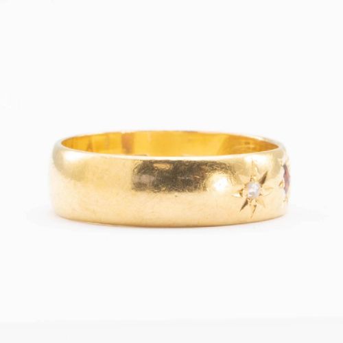 VICTORIAN 22CT GOLD GARNET AND DIAMOND GYPSY WEDDING RING HALLMARKED 1899 - ADDITIONAL PHOTO 2