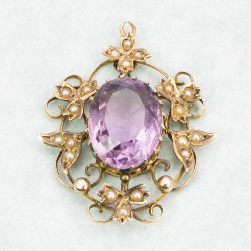 VICTORIAN 9CT GOLD AMETHYST SEED PEARL PENDANT - ADDITIONAL PHOTO 1