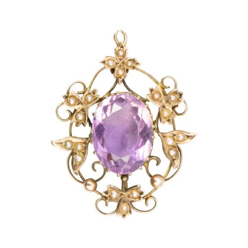 victorian 9ct gold amethyst seed pearl pendant - CATEGORY: ANTIQUE JEWELLERY - DATED VICTORIAN