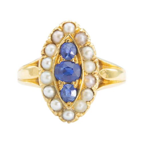 victorian 18ct gold sapphire and pearl marquise ring - CATEGORY: ANTIQUE JEWELLERY - DATED VICTORIAN