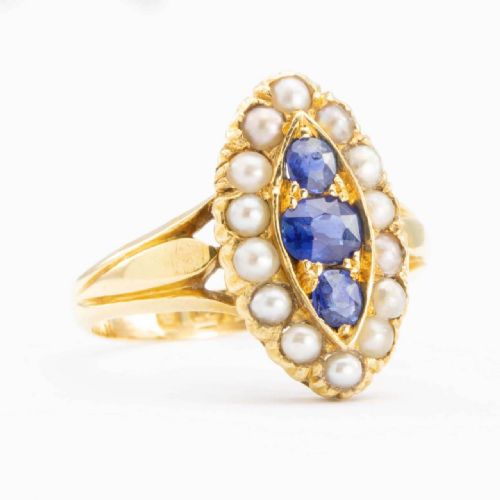 VICTORIAN 18CT GOLD SAPPHIRE AND PEARL MARQUISE RING - ADDITIONAL PHOTO 2