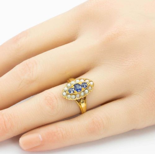 VICTORIAN 18CT GOLD SAPPHIRE AND PEARL MARQUISE RING - ADDITIONAL PHOTO 6