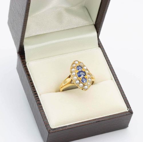 VICTORIAN 18CT GOLD SAPPHIRE AND PEARL MARQUISE RING - ADDITIONAL PHOTO 7