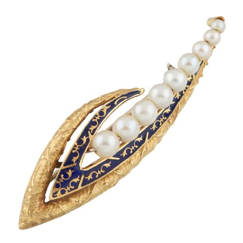 victorian 18ct gold pearl and enamel lily of the valley shaped - CATEGORY: ANTIQUE JEWELLERY - DATED VICTORIAN