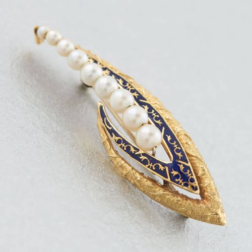 VICTORIAN 18CT GOLD PEARL AND ENAMEL LILY OF THE VALLEY SHAPED - ADDITIONAL PHOTO 1