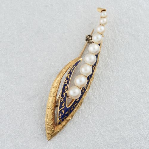 VICTORIAN 18CT GOLD PEARL AND ENAMEL LILY OF THE VALLEY SHAPED - ADDITIONAL PHOTO 2