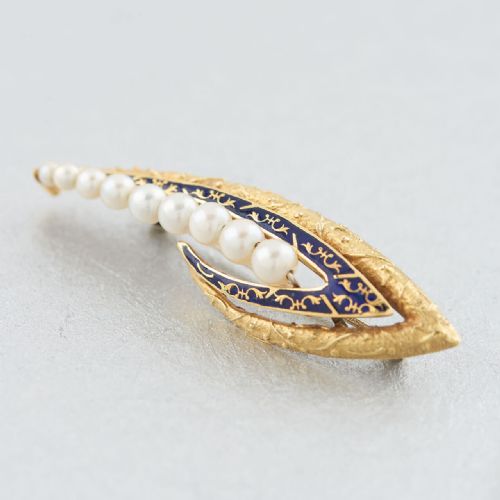 VICTORIAN 18CT GOLD PEARL AND ENAMEL LILY OF THE VALLEY SHAPED - ADDITIONAL PHOTO 4