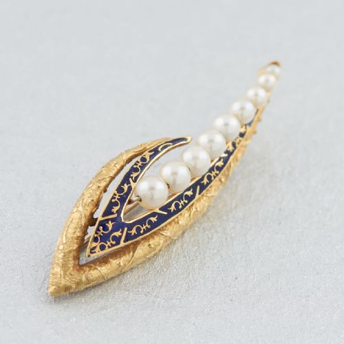 VICTORIAN 18CT GOLD PEARL AND ENAMEL LILY OF THE VALLEY SHAPED - ADDITIONAL PHOTO 5