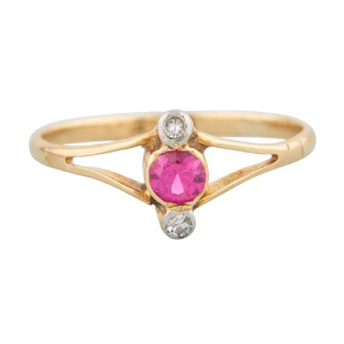 art deco 18ct gold synthetic ruby and diamond 3 stone ring - CATEGORY: ANTIQUE JEWELLERY - DATED 1930
