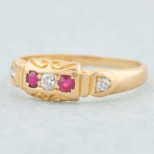 VICTORIAN 18CT GOLD RUBY DIAMOND 5 STONE RING - ADDITIONAL PHOTO 1