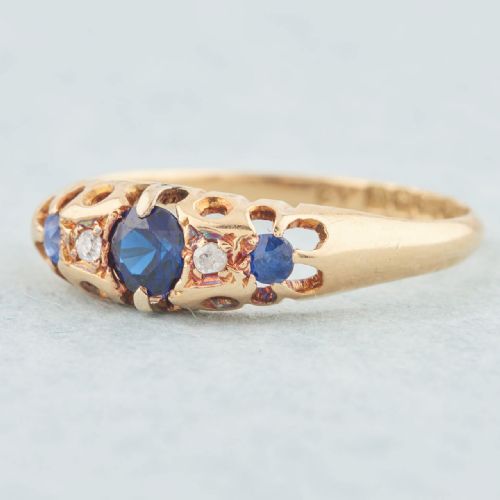 ANTIQUE 18CT GOLD SAPPHIRE DIAMOND 5 STONE HALF HOOP RING - ADDITIONAL PHOTO 1