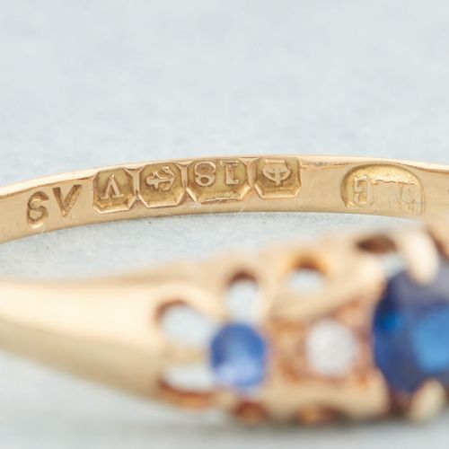 ANTIQUE 18CT GOLD SAPPHIRE DIAMOND 5 STONE HALF HOOP RING - ADDITIONAL PHOTO 5