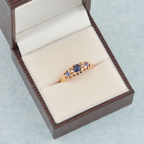 ANTIQUE 18CT GOLD SAPPHIRE DIAMOND 5 STONE HALF HOOP RING - ADDITIONAL PHOTO 7