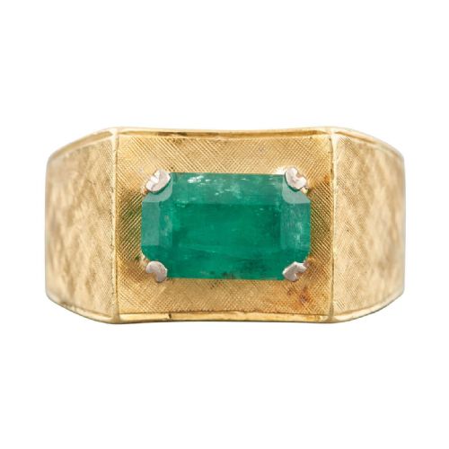 vintage 18ct gold emerald wide textured band ring - CATEGORY: ANTIQUE JEWELLERY - DATED 1960