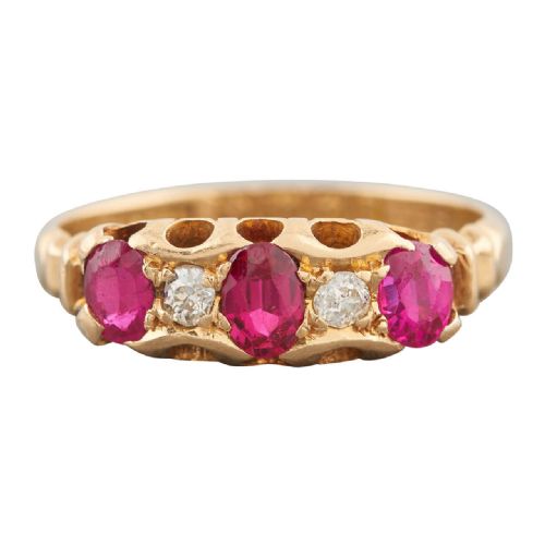1917 18ct gold ruby diamond half hoop ring - CATEGORY: ANTIQUE JEWELLERY - DATED 1910